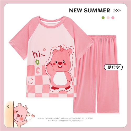 儿童夏季女童莫代尔睡衣薄款短袖七分裤loopy露比女孩空调服半袖