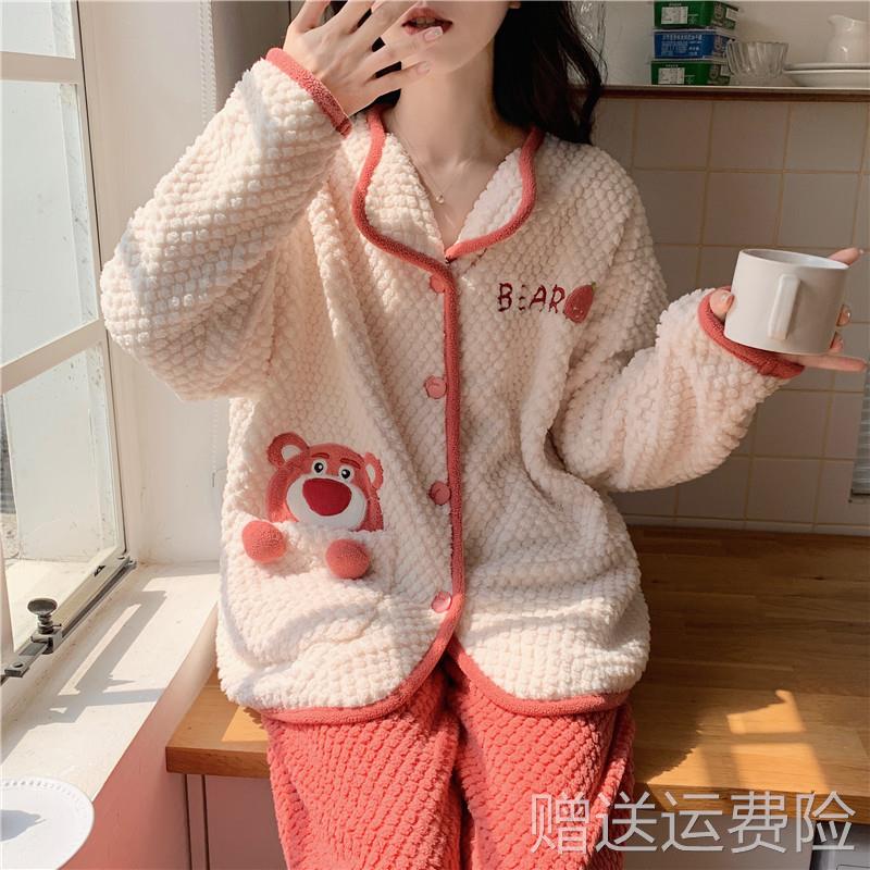 秋冬季珊瑚绒睡衣女新款开衫纽扣加绒加厚法兰绒甜美草莓熊家居服