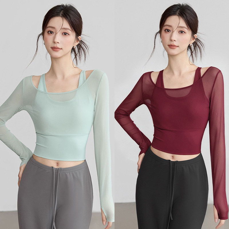 瑜伽服上衣高级感网纱长袖一体杯图片