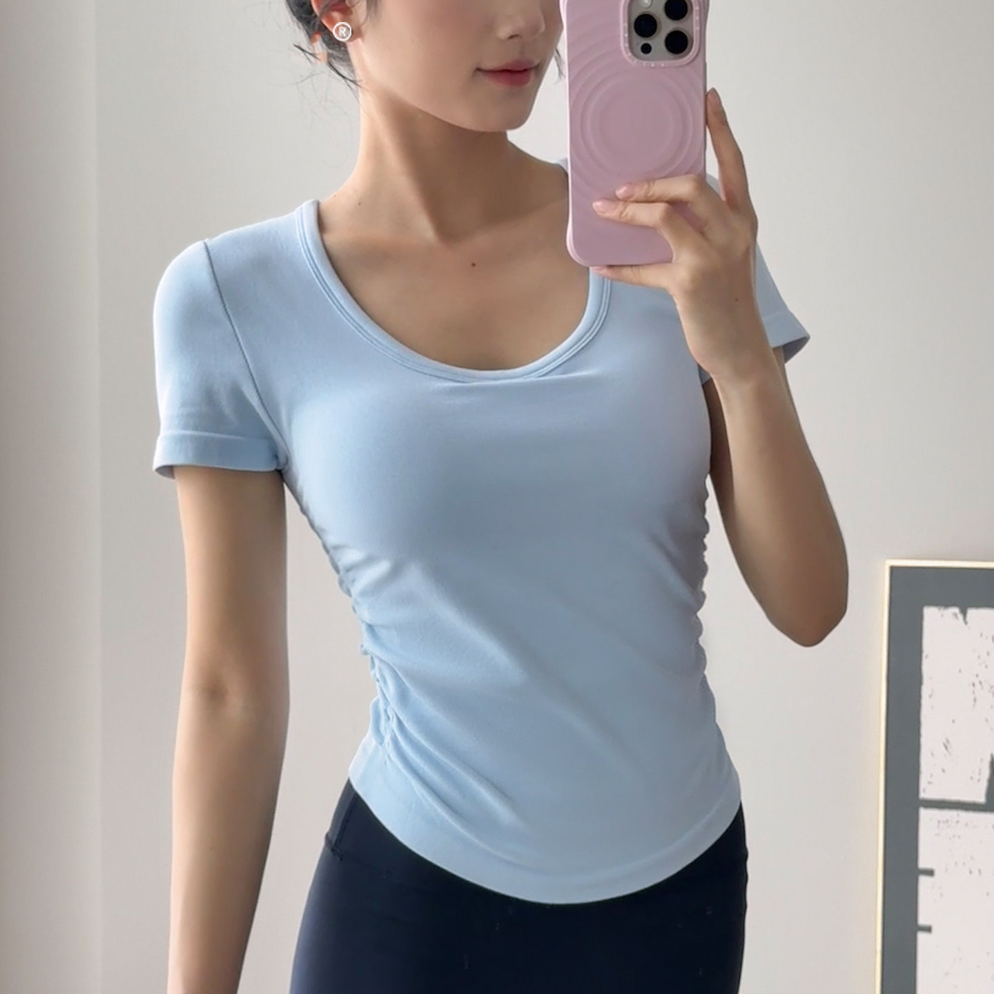 带胸垫瑜伽服女普拉提训练跑步运动上衣短袖紧身显瘦夏季健身T恤