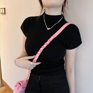 速发黑色针织202领新款夏季上色黑衣半高4打底衫高级感t恤