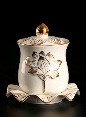 速发佛台供水杯描瓷陶金莲花圣水杯家用观音水杯供佛杯奉杯 供贡