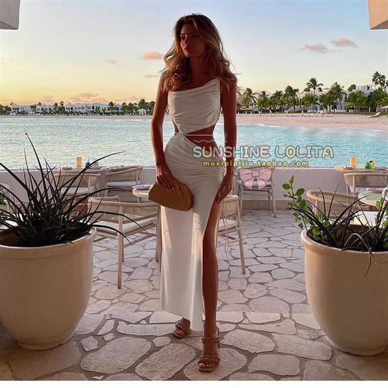 速发欧美度假风白色长裙is风泳装海岛不对称抽绳高开叉比基尼沙滩