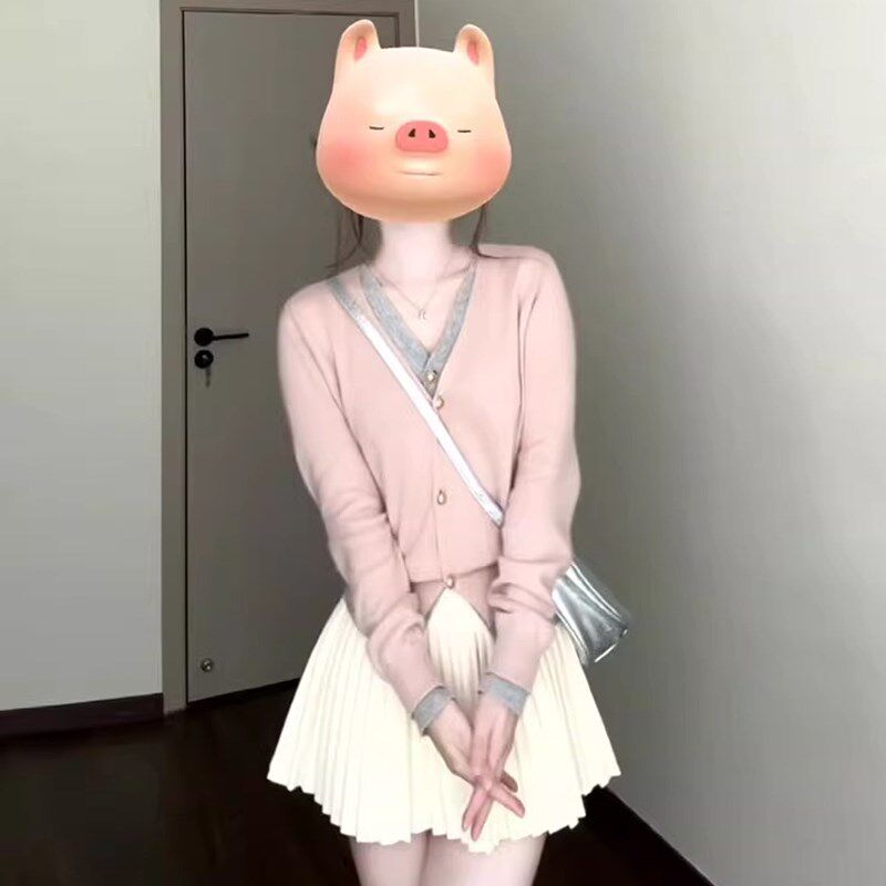 速发粉色衫两件V领针织开假早韩系温上毛衣外套别致柔衣