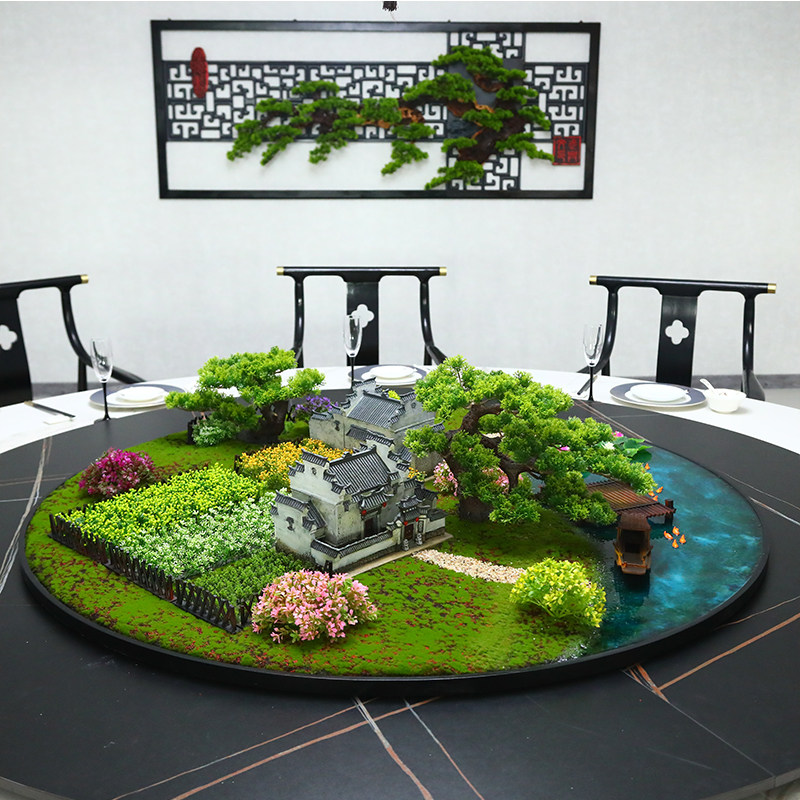 新中式餐桌转盘中间摆花家庭圆桌装饰桌花仿真沙盘盆景江南风摆件