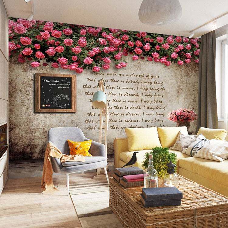 *复古工业风大型壁画蔷薇花纹墙纸奶茶蛋糕店咖啡厅摄影背景墙壁