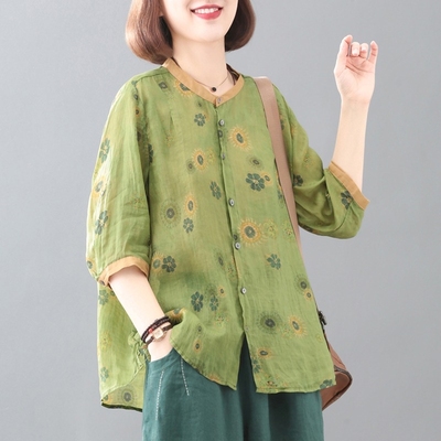 棉麻亚麻上衣女高端大码遮肚子夏