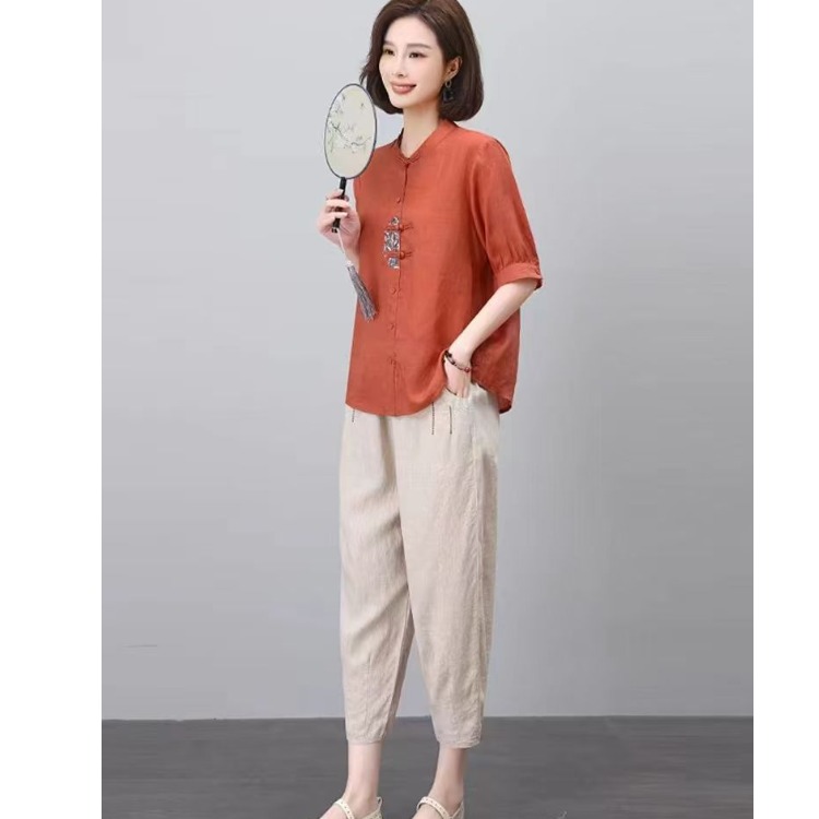 新中式国风亚麻套装女2025夏季大码妈妈棉麻苎麻衬衫哈伦裤两件套