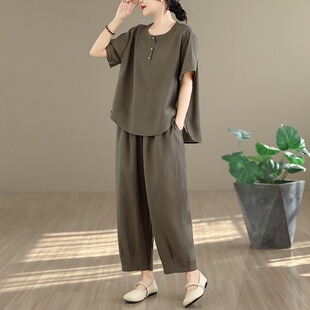 妈妈高端棉麻亚麻夏装套装女2026新款苎麻女装高级感一整套两件套