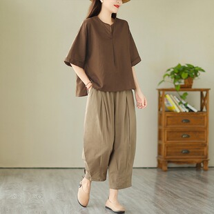 休闲棉麻套装女夏季2026年新款洋气妈妈复古宽松大码灯笼裤两件套