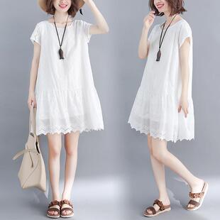 矮个子棉麻连衣裙棉绸亚麻裙子女夏装妈妈大码胖mm苎麻薄款遮肚子