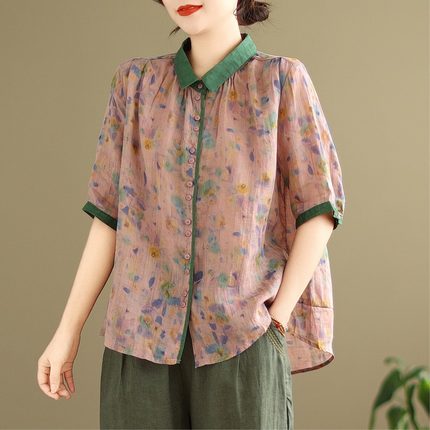 棉麻套装女夏季洋气妈妈减龄印花衬衫上衣宽松休闲显瘦爆款两件套