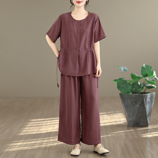 时尚 中老年人妈妈夏装 阔腿裤 女士宽松休闲大码 两件套 天丝棉麻套装