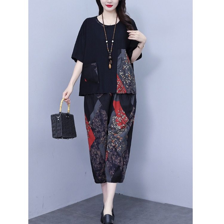 妈妈短袖T恤上衣棉麻套装女2025夏季款洋气减龄休闲哈伦裤两件套,女装/女士精品,大码套装,淘宝优惠券,粉丝福利购,淘宝优惠卷