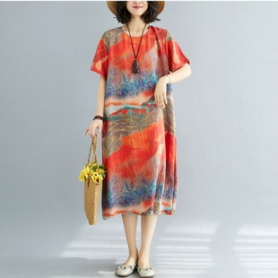 中年妈妈短袖雪纺连衣裙夏季气质显瘦胖mm三亚旅游海边度假沙滩裙