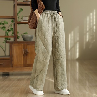 直筒棉裤 格纹夹棉加厚棉麻长裤 阔腿裤 清仓专柜出口大牌扎染秋冬季