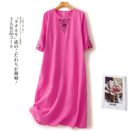 中年妈妈宽松亚麻刺绣连衣裙2025夏季新款广州十三行棉麻中长裙子