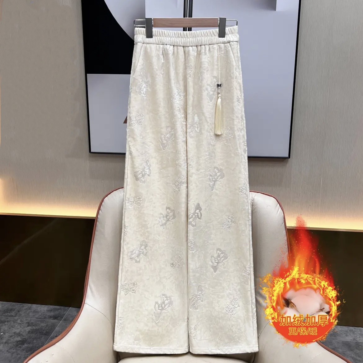 加绒加厚新中式丝绒提花阔腿裤女