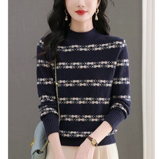 洋气条纹毛线衣毛衣上衣 2025新款 半高领针织羊毛衫 女士内搭打底衫