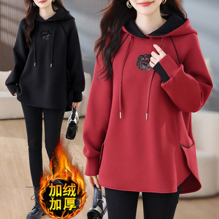 加绒加厚连帽卫衣女士秋冬季山东即墨2025新款爆款中长款红色上衣