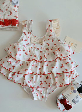 现货日本生日城conoco草莓连体泳衣女童宝宝儿童游泳衣泳帽沙滩鞋