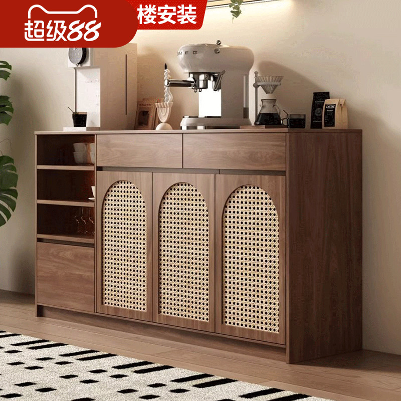 实木藤编餐边柜靠墙一体储物柜