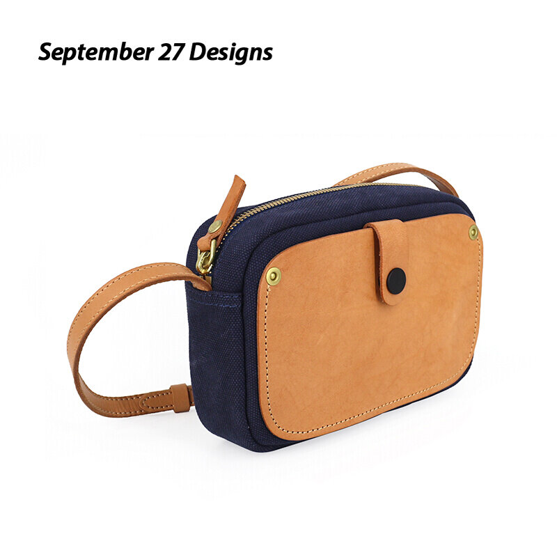 植鞣头层牛皮女包帆布包拼色复古小方包文艺斜挎包真皮迷你手机包