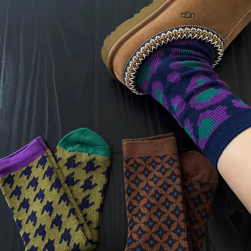 文艺复古秋冬袜子女袜双针双路无线日系潮网红彩色多路堆堆袜中筒