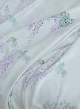 夏季白色暗纹提花仿真丝印花布料蝶戏竹垂坠细腻微弹力连衣裙面料