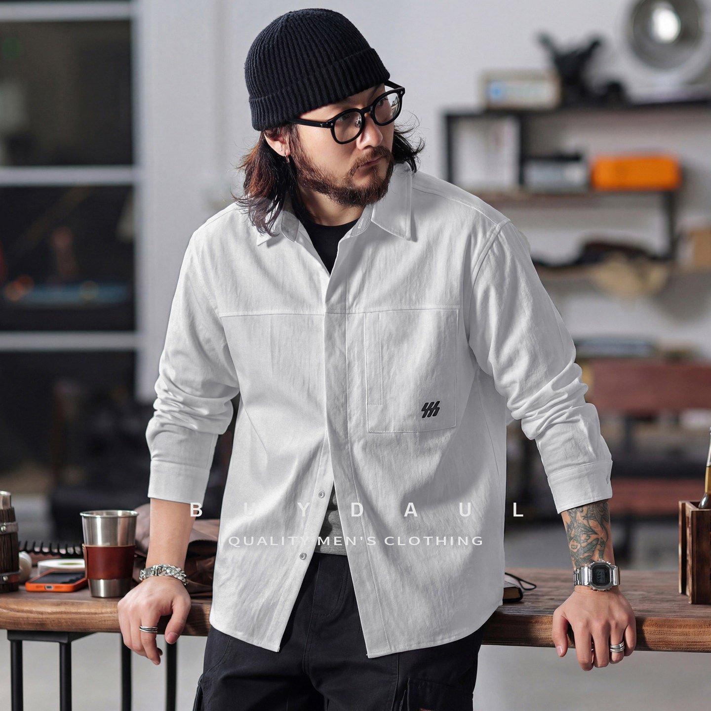 工装长袖衬衫外套男士2026春季新款高级感宽松潮牌刺绣开衫衬衣男