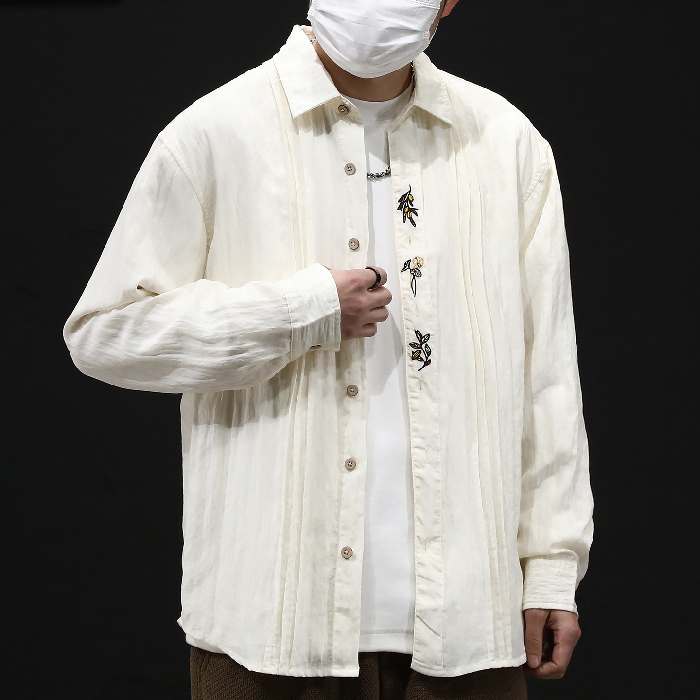 轻奢莱赛尔刺绣长袖衬衫男款春季新款宽松简约中国风休闲男士衬衣
