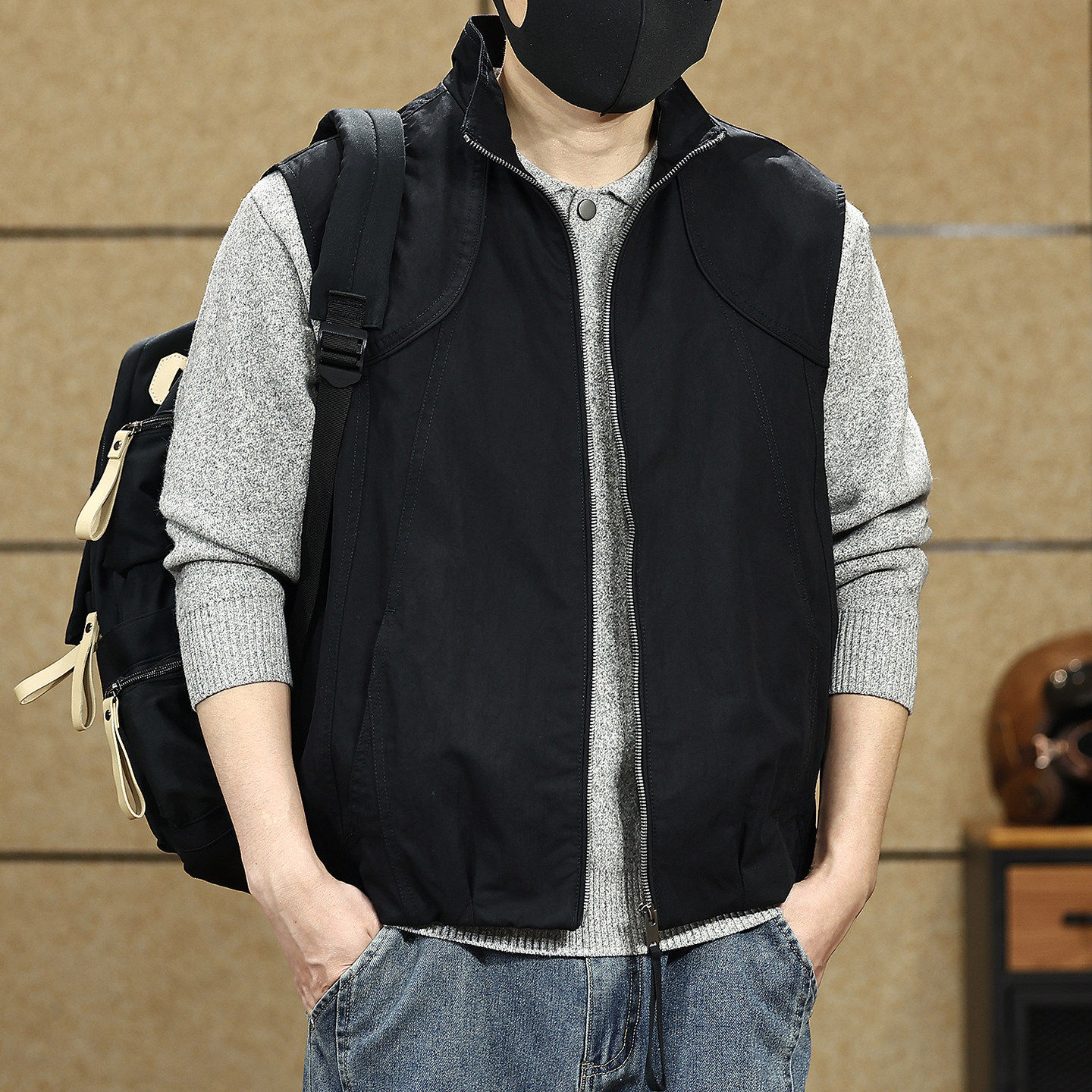 高端美式坎肩立领马甲男士秋季新款宽松通勤无袖叠穿休闲工装外套