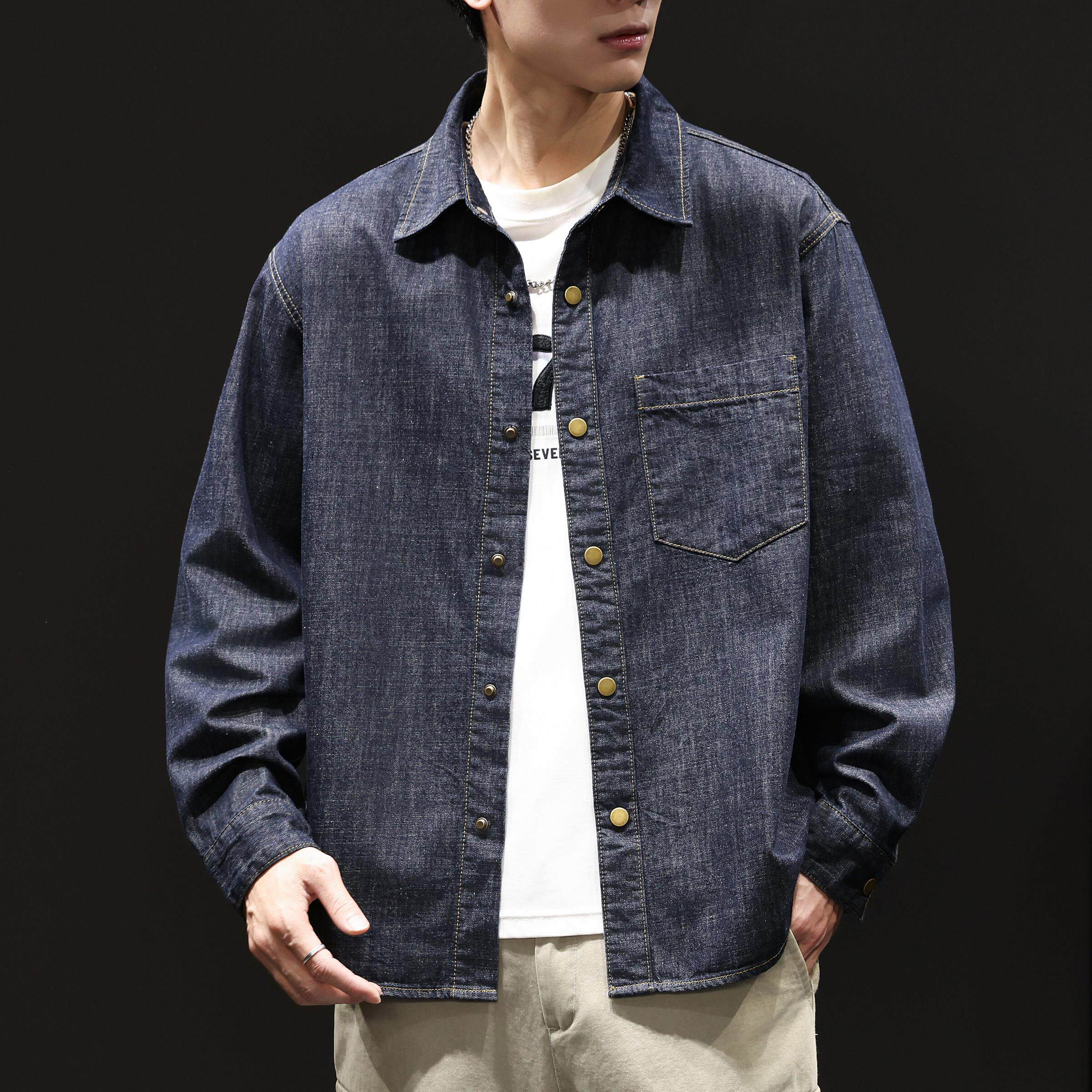 美式高街潮牌原色牛仔衬衫男款2026春季新款宽松翻领长袖衬衣外套
