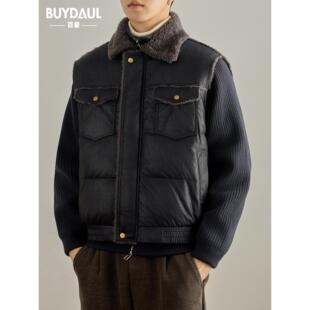 美式复古羊羔毛领皮衣马甲男士秋冬季宽松大码加厚保暖棉衣外套男