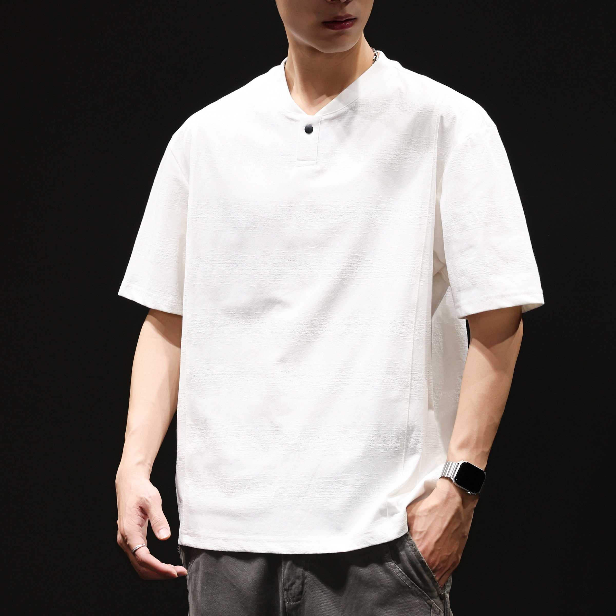 高端白色亨利领短袖T恤男秋季重磅纯色纹理感宽松打底衫百搭上衣