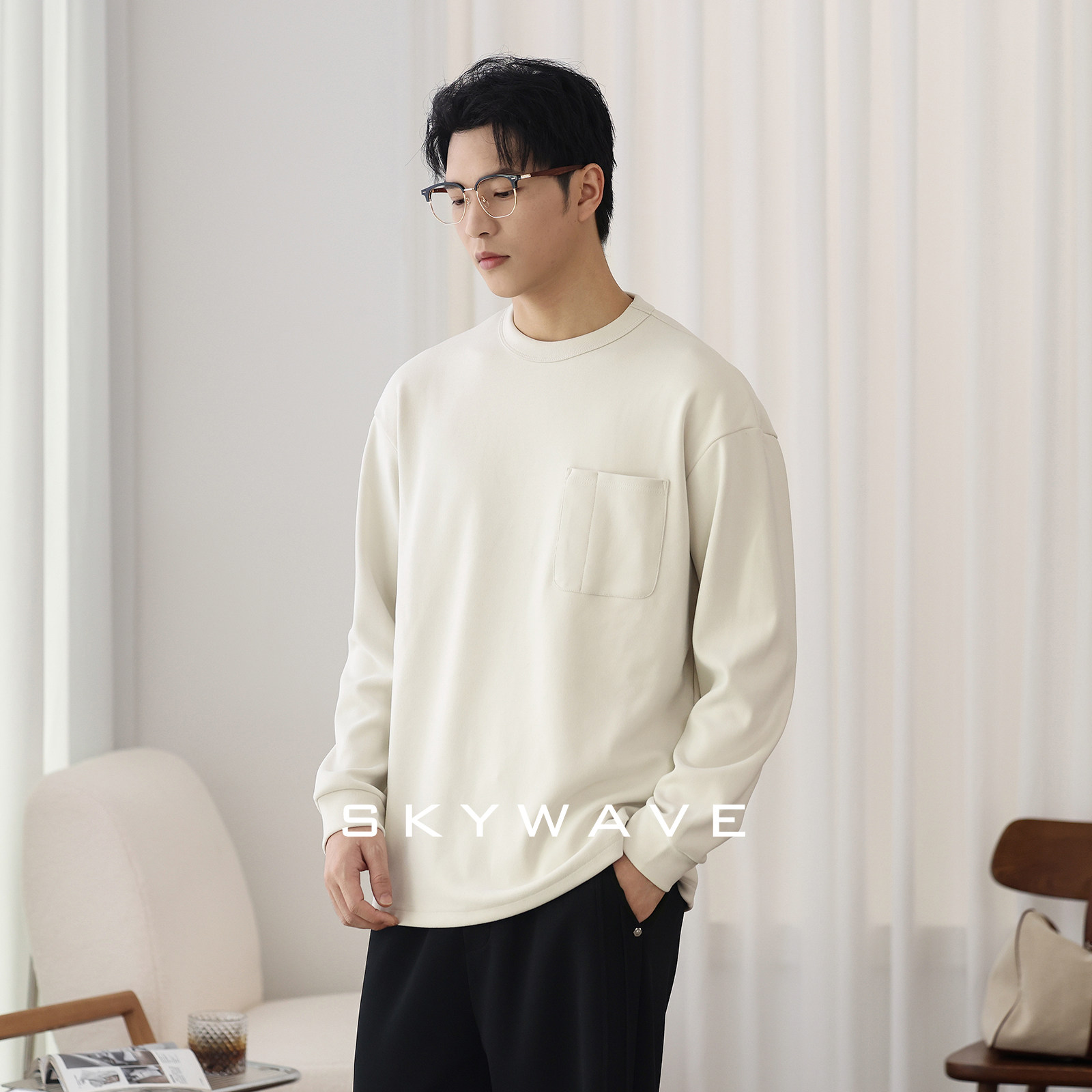 软糯云感赛尔绒卫衣男士410克重磅舒适长袖t恤纯色百搭打底衫上衣
