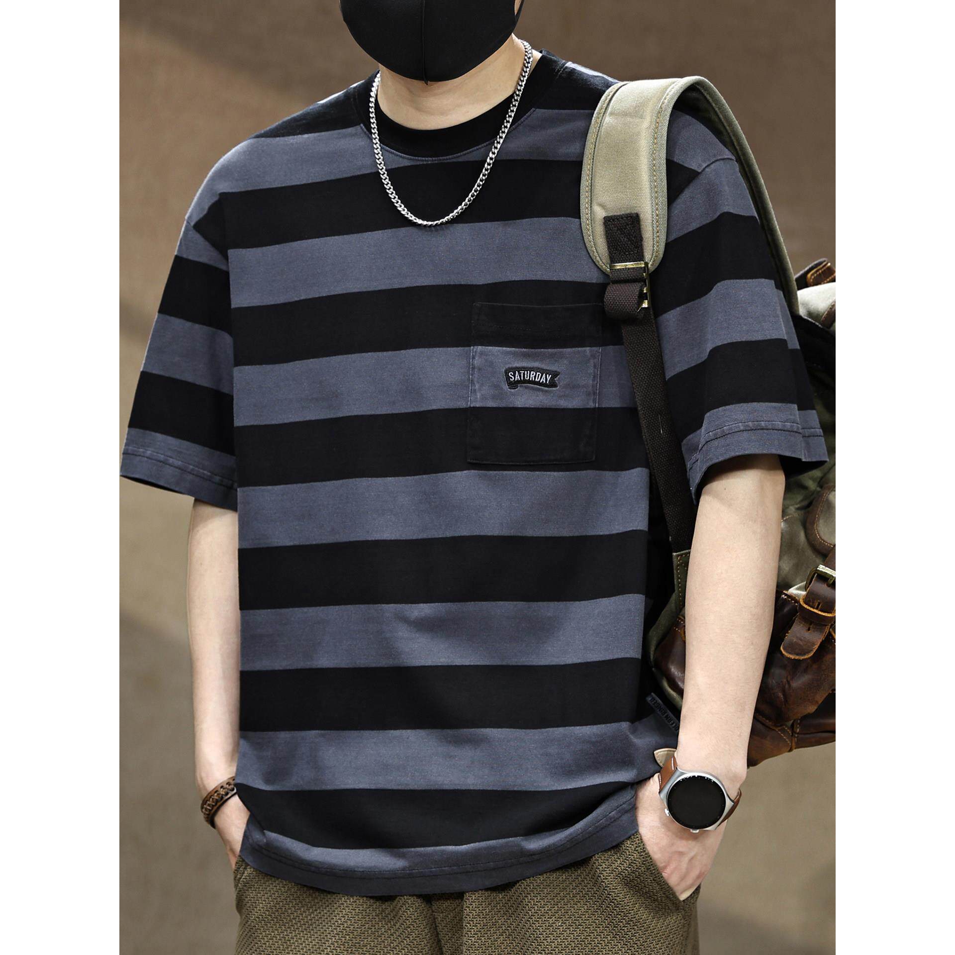 重磅条纹t恤男短袖纯棉宽松2026夏季新款美式潮牌撞色圆领体恤男