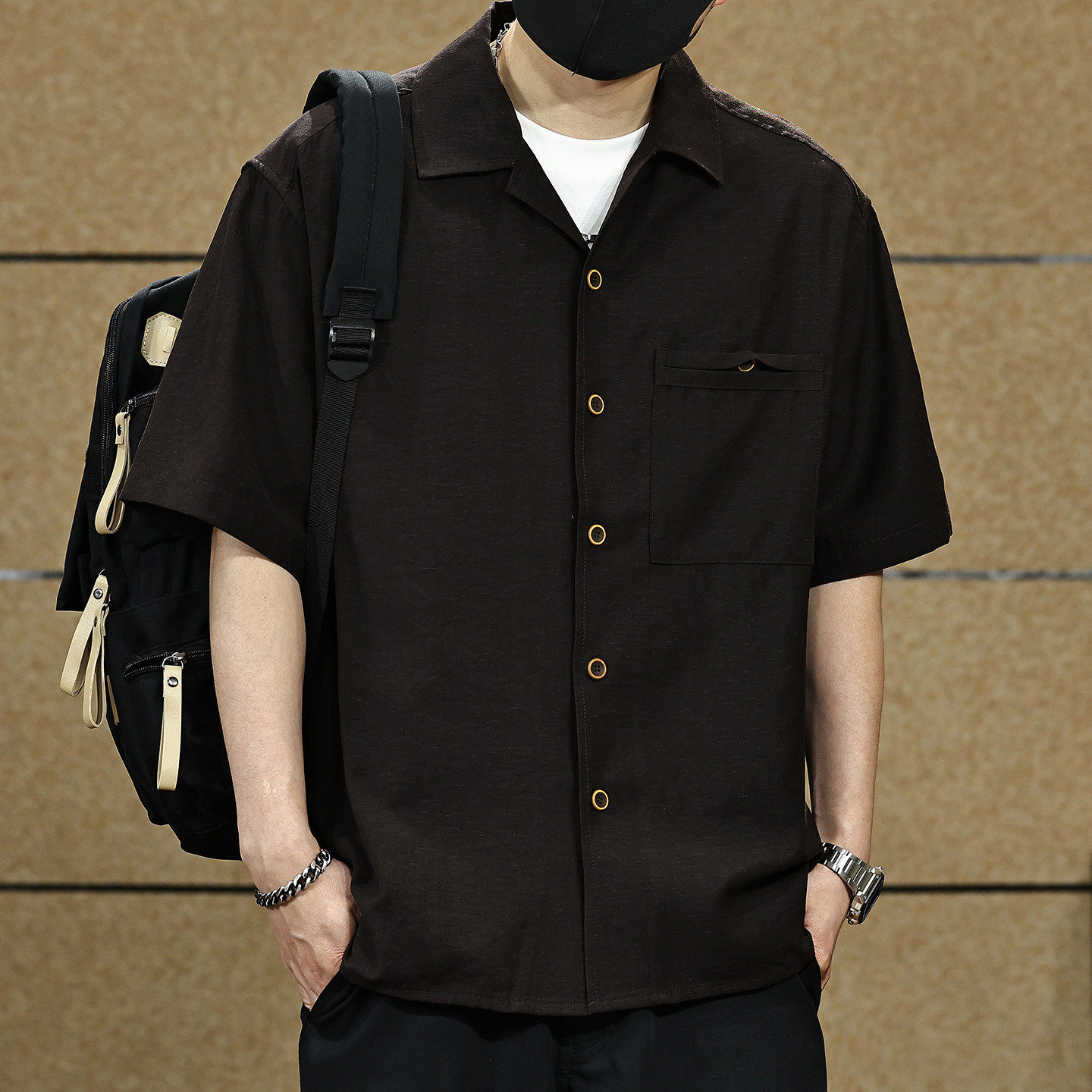 凉感天丝亚麻古巴领短袖衬衫男夏季宽松大码薄款休闲衬衣男夏外套