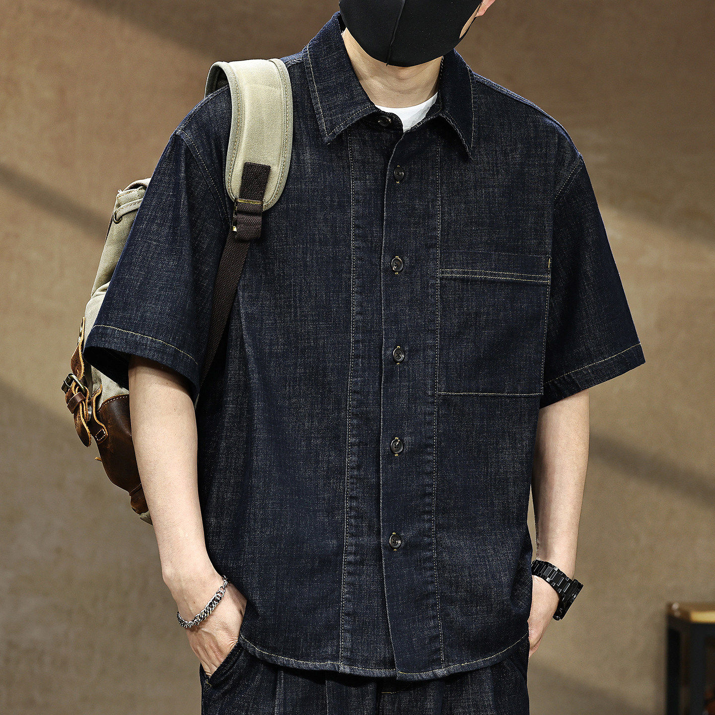 高端老钱风原色水洗牛仔短袖衬衫男夏季天丝亚麻混搭潮牌工装衬衣