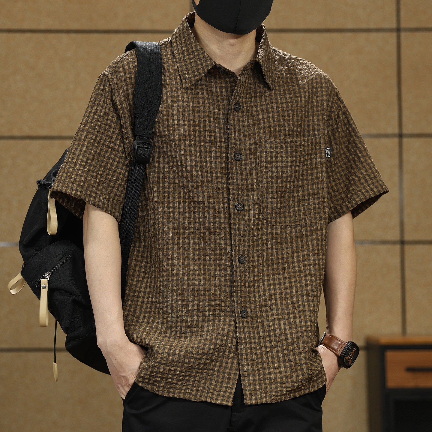 美式复古薄款泡泡纱短袖衬衫男士夏季薄款宽松大码格纹衬衣男外套