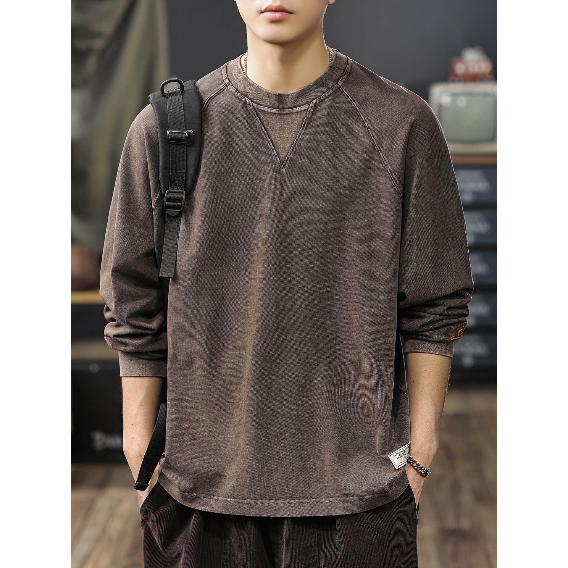 美式重磅纯棉水洗复古长袖T恤男2025秋季新款柔软舒适打底衫男款t