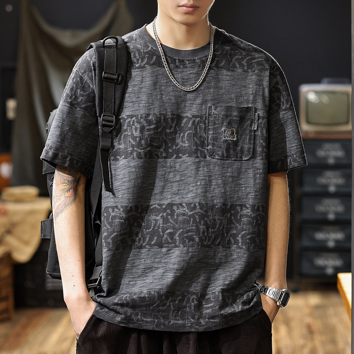 美式经典复古条纹短袖T恤男2026夏季新款重磅男士半袖衫男款衣服t