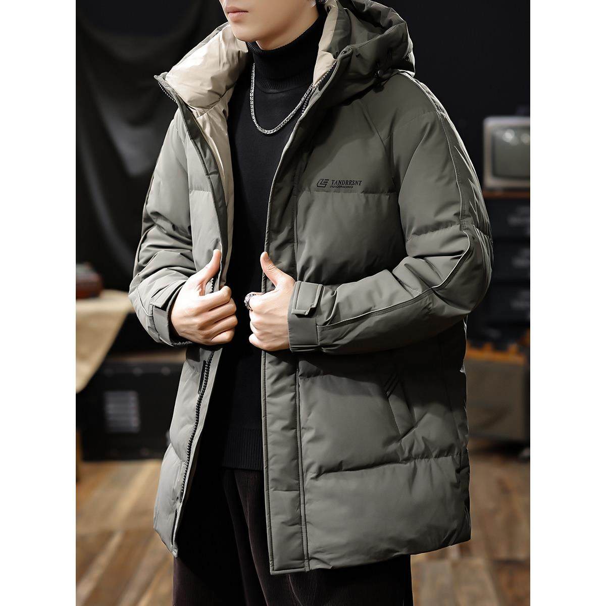 高端鹅绒 加厚蓬松中长款羽绒服男士冬季大码连帽保暖御寒外套潮