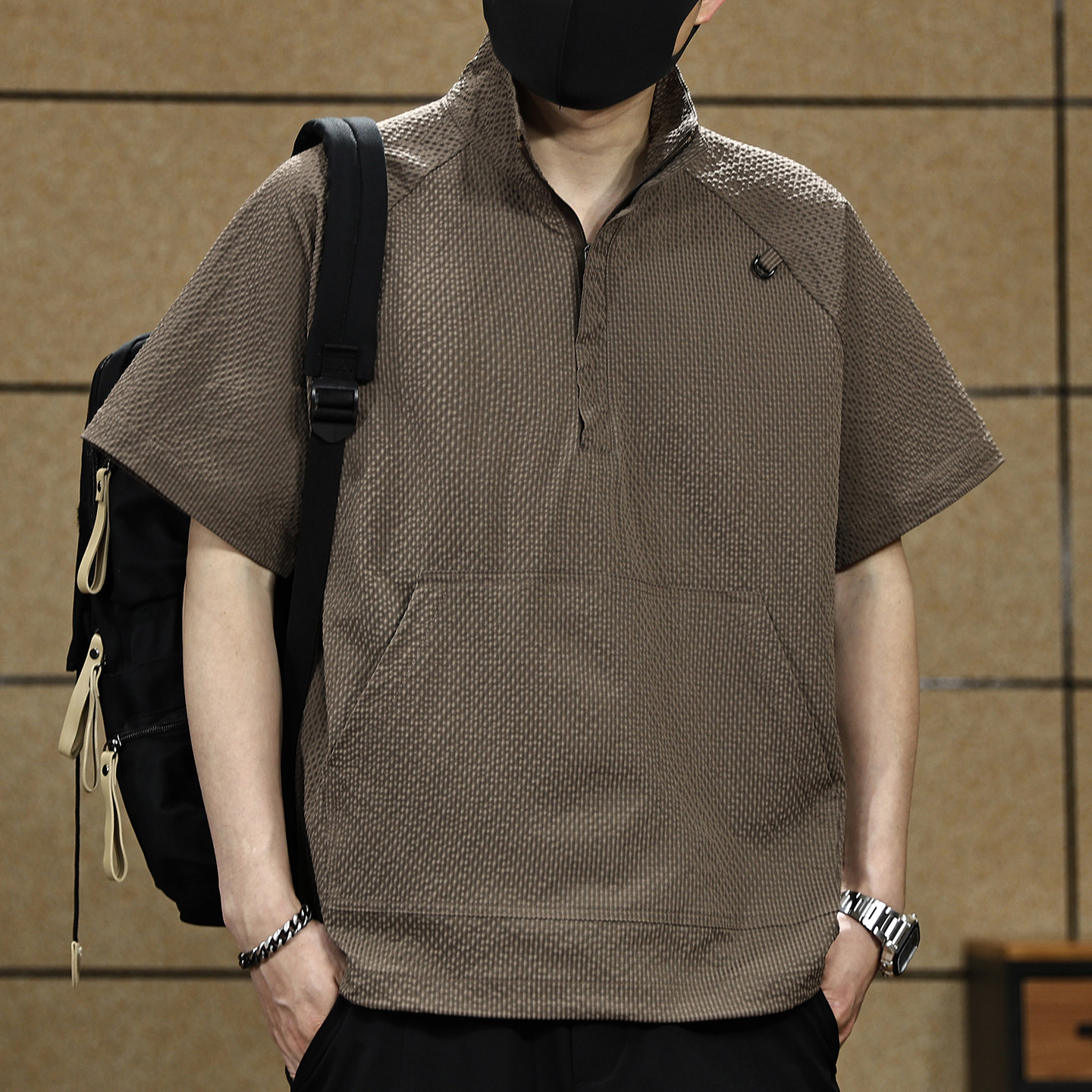 美式泡泡格纹短袖POLO衫男士夏季新款半拉链立领宽松薄款体恤上衣