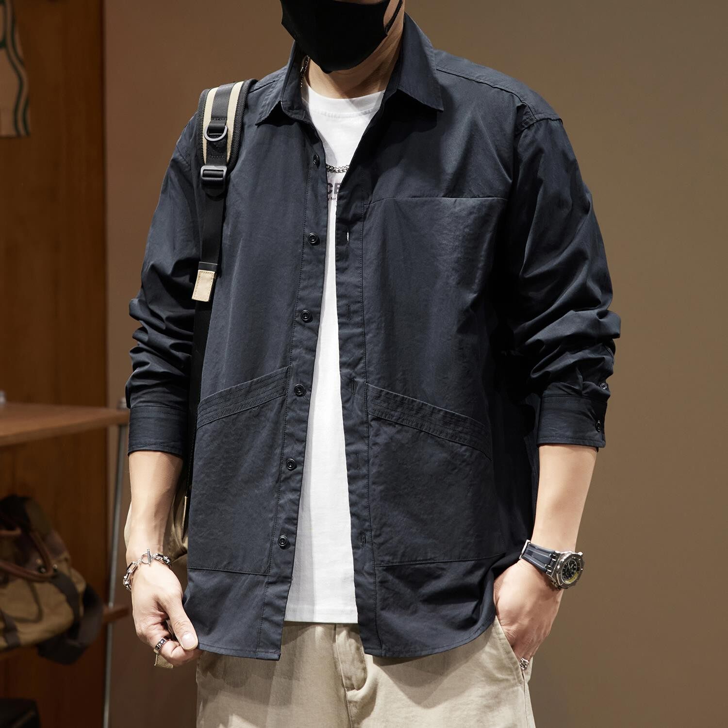 2025秋季日系复古男士长袖衬衫潮流户外工装衬衣宽松百搭休闲外套