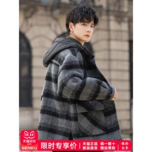 25新款羊驼毛呢外套男士连帽双面绒大衣短款羊毛呢子夹克冬季加厚