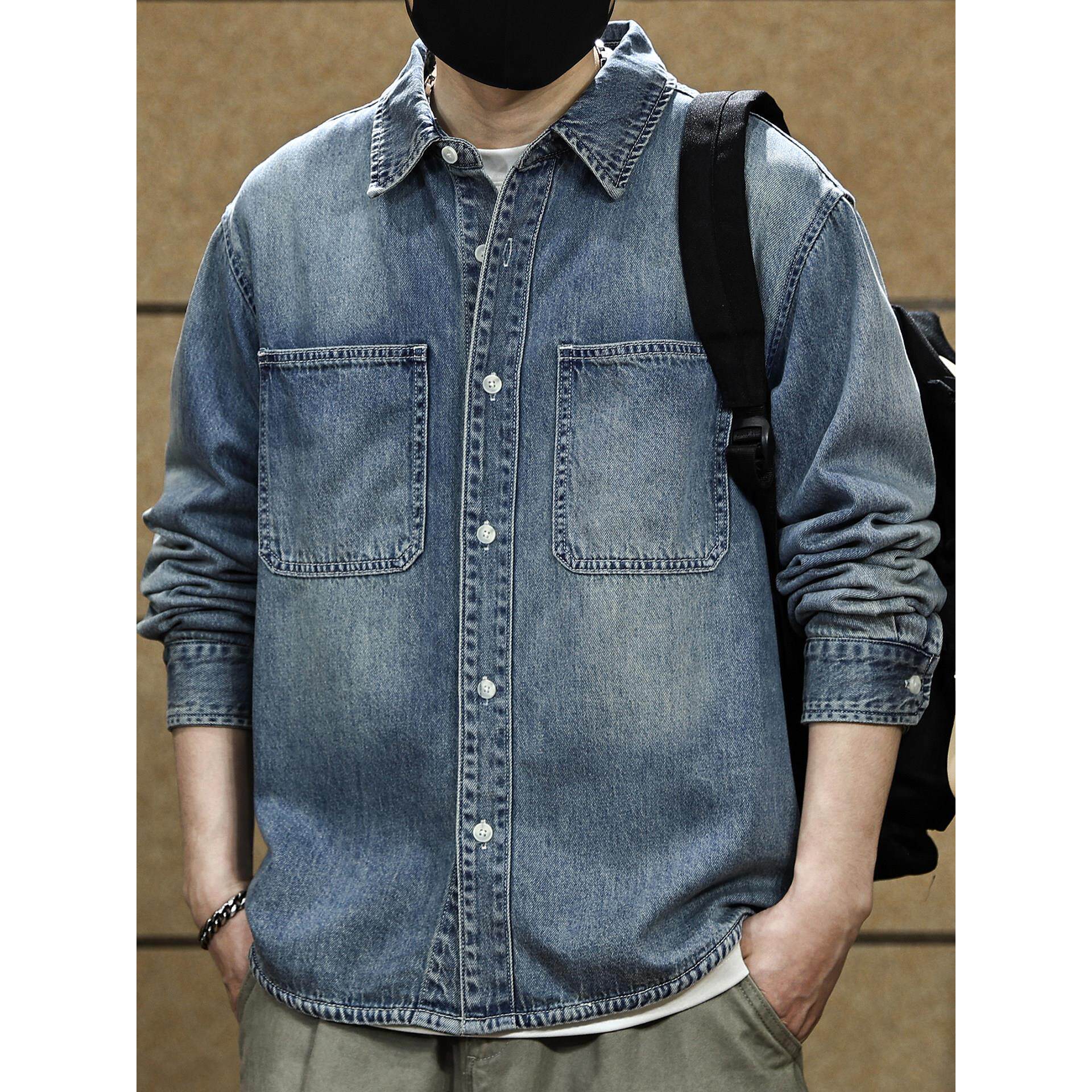 美式复古水洗牛仔衬衫男士春秋季新款宽松休闲潮牌长袖衬衣外套男