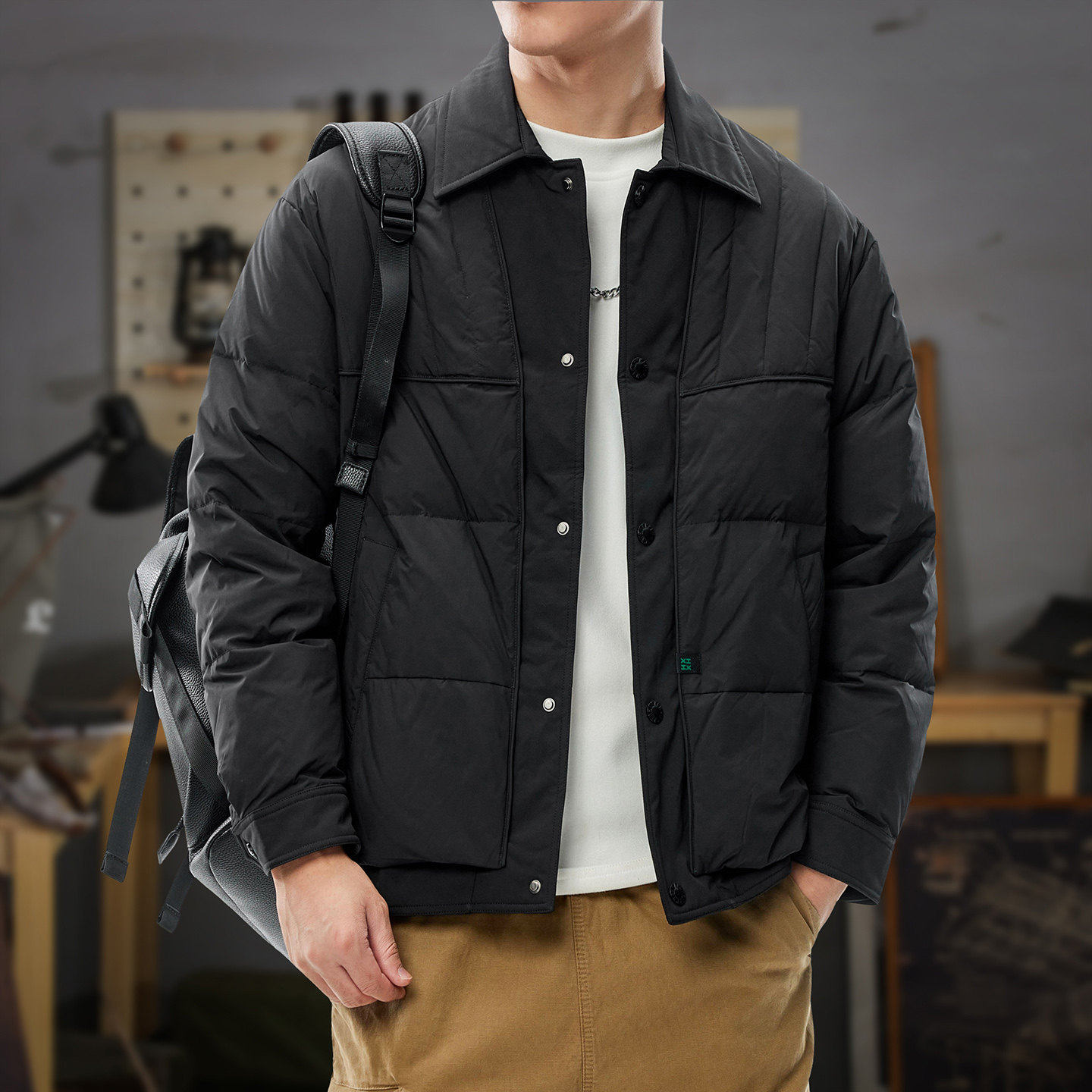 2026冬季新款假两件拼接羽绒服男轻薄短款衬衫式90绒防风棉服外套