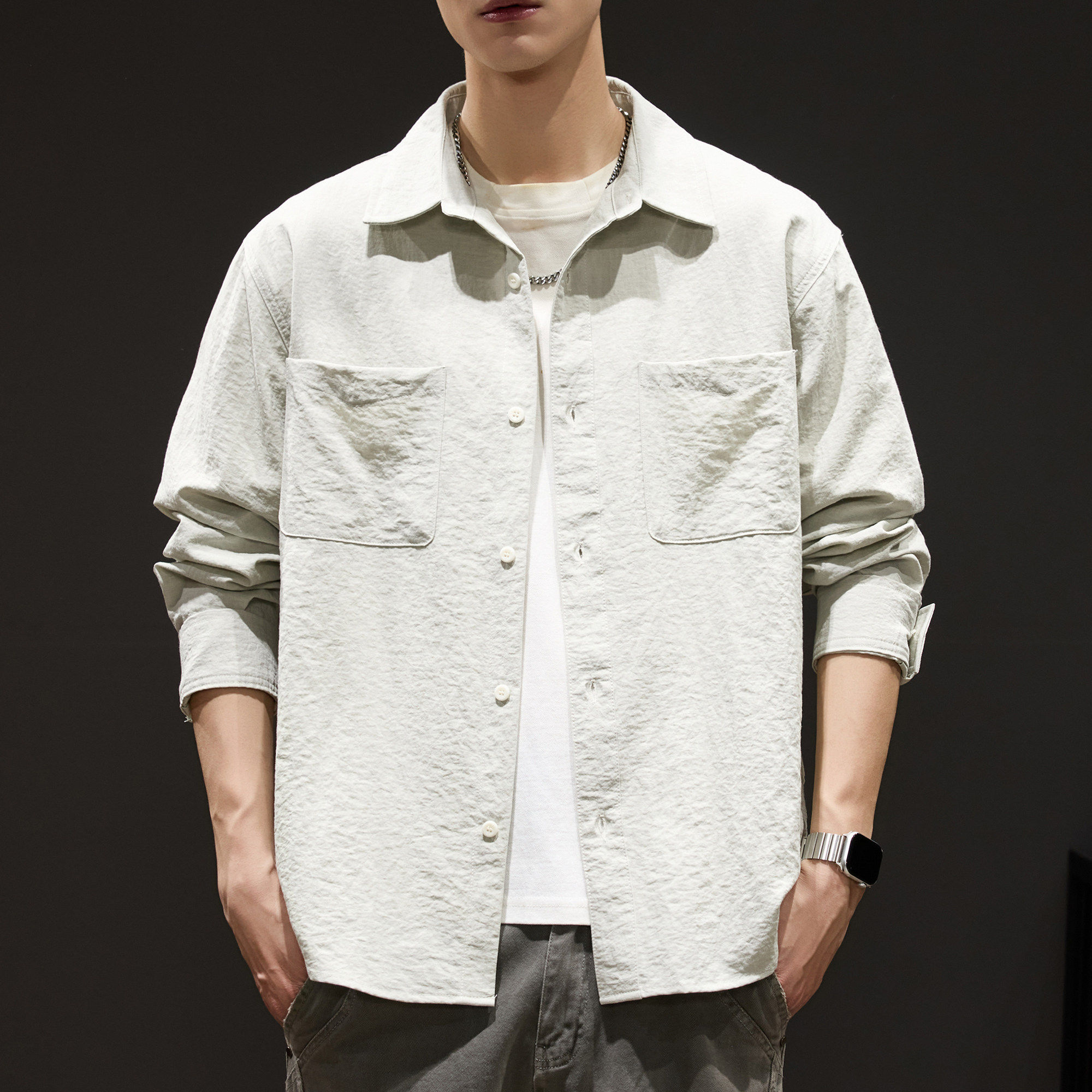 羊毛混纺天丝垂顺抗皱长袖衬衫男士2026春季新款美式工装衬衣外套