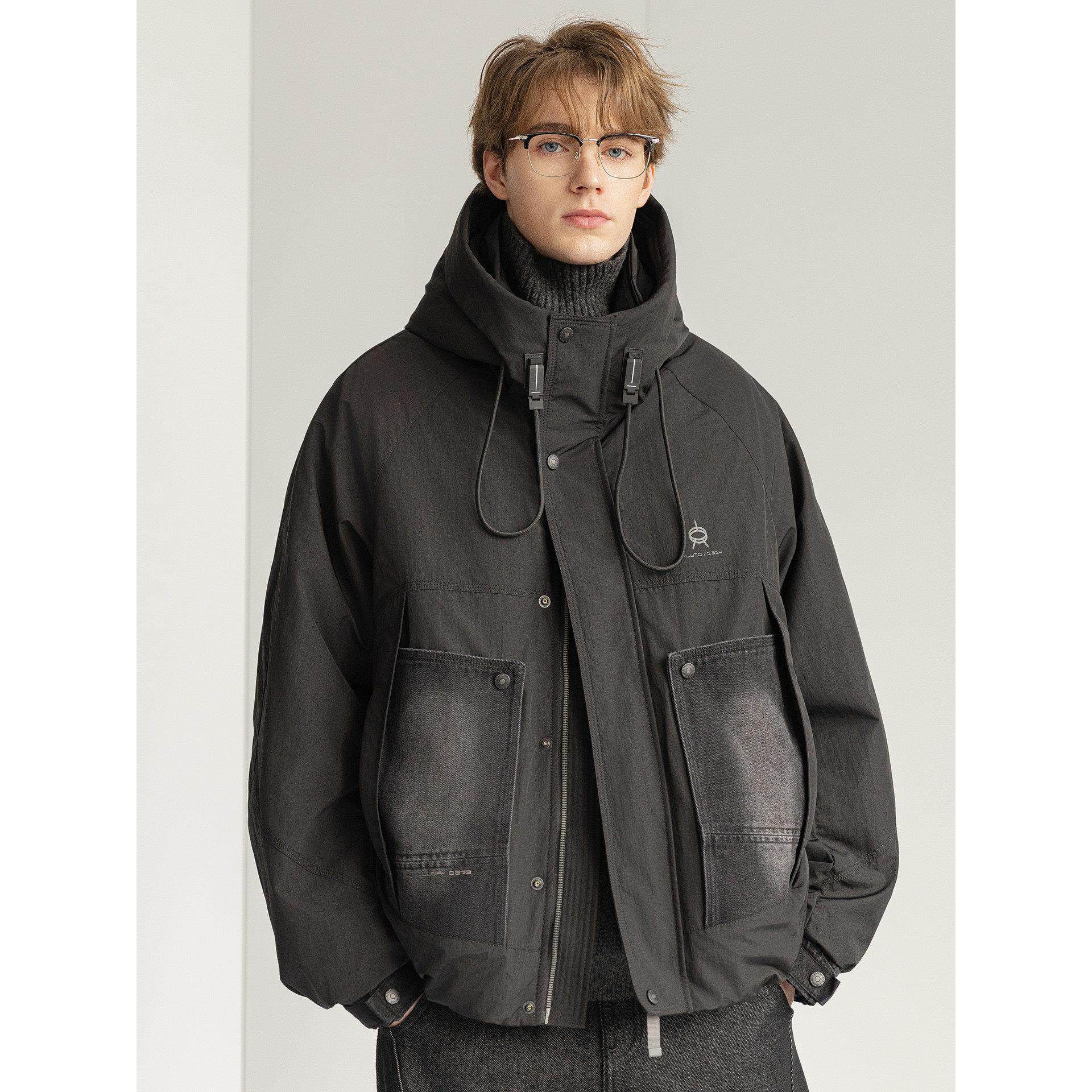 D7K设计感拼接连帽羽绒服25冬装新款90白鸭绒防风保暖羽绒外套男